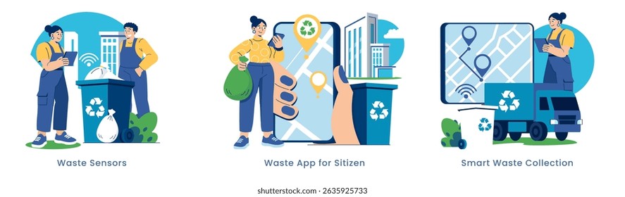 Sustainable urban development boosts efficiency through waste management technology. Users interact with smart waste solutions, promoting community engagement and eco-friendly practices. Vector