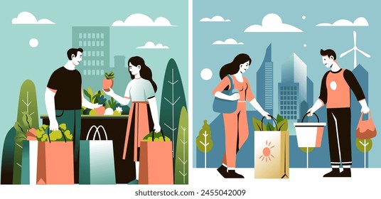 Sustainable Urban Grocery Shopping vector