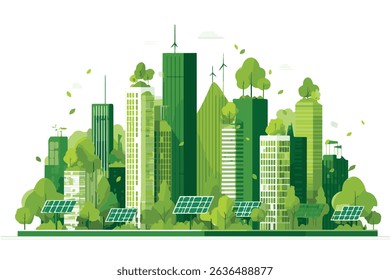 Sustainable urban landscape with green buildings and renewable energy sources in a city