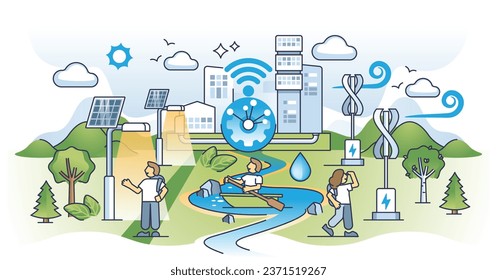 Nachhaltiges städtisches Leben mit intelligentem und naturfreundlichem Stadtkonzept. Stadtpark mit lokaler alternativer Energieleuchtung und umweltfreundlicher Lifestyle-Gesellschaft Vektorgrafik.