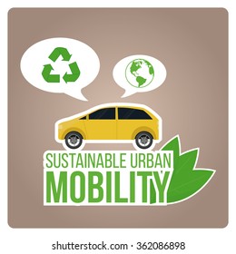 sustainable urban mobility illustration with green text over  color background