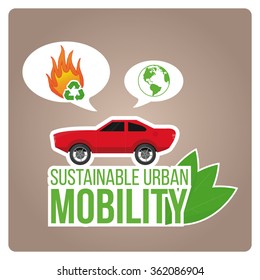 sustainable urban mobility illustration with green text over  color background