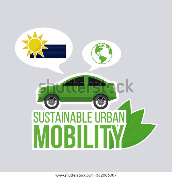 sustainable urban mobility illustration with\
green text over gray color\
background
