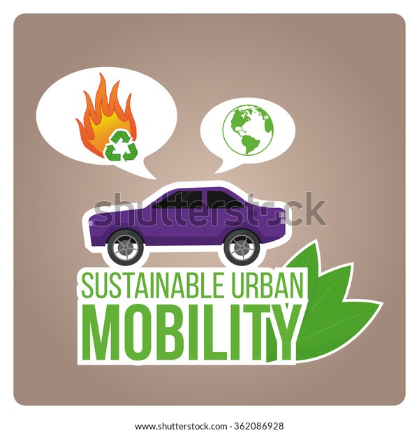 sustainable urban mobility illustration with\
green text over  color\
background