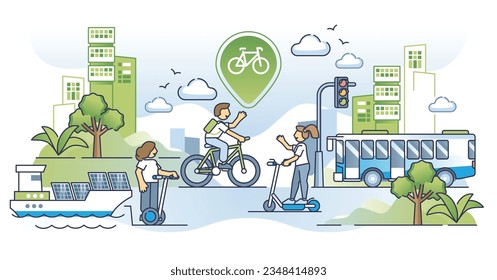 La movilidad urbana sostenible como concepto de transporte de micromovilidad. Transporte urbano rápido, verde y efectivo para la ilustración de vectores de estilo de vida ambiental. Tipo de transporte limpio de CO2 moderno.