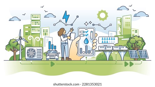 Planificación urbana sustentable con el concepto de esquema de recolección de grandes datos de ciudades. Utilizar el monitoreo de infraestructura, la investigación de fuentes de energía y la vivienda para la nueva ilustración de vectores de ambientes residenciales verdes.