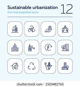 Sustainable urbanization icon set. Line icons collection on white background. City, recycling, consumption. Renewable energy concept. Can be used for topics like environment, engineering, development