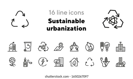 Sustainable Urbanization Line Icon Set. Facility, Town, Power. City Concept. Can Be Used For Topics Like Environment, Resource, Ecology