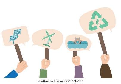 Sustainable use of renewable energy. Vector hand holding a sign for renewable energy campaign. Solar cell signs, wind turbines, water power. The concept of saving the earth and the environment