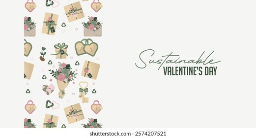 Sustainable Valentine's Day Eco-Friendly Gift Banner. Valentine's banner featuring eco-conscious gift. Eco-friendly valentines banner seamless pattern. Flat style. Vector illustration