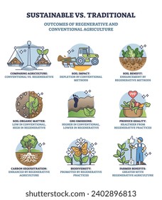 Sustainable vs traditional outcomes of regenerative farming outline diagram. Labeled educational scheme with conventional agriculture impact and alternative approach benefits vector illustration.