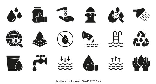 Sustainable Water Usage, Recycling, And Resource Protection Silhouette Symbol Collection. Hydration, Sanitation, And Environmental Care Solid Icon Set. Isolated Vector Illustration.
