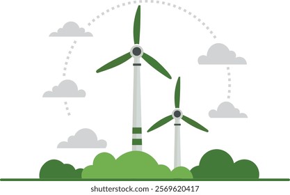 A Sustainable wind turbines surrounded by greenery and clouds, symbolizing renewable energy and eco friendly technology