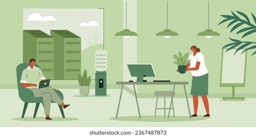 
Sustainable workplace concept. Characters working together at environmental friendly office with plants. Vector illustration
