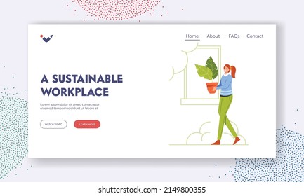 Sustainable Workplace Landing Page Template. Business Woman Character Carry Green Potted Plant, Manager Working in Modern Office with Eco Friendly Environment with Plants. Cartoon Vector Illustration