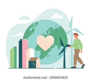 Sustainbale lifestyle concept. Man walks next to wind generator, alternative energy sources, care for nature. Electricity without hazardous waste. Responsible society. Cartoon flat vector illustration