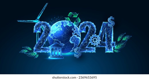 Objetivos de desarrollo sostenible para 2024, Banner web de Año Nuevo con dígitos brillantes futuristas, globo terrestre y elementos ambientales sobre fondo azul oscuro. Ilustración vectorial abstracta moderna