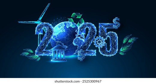 Objetivos de desarrollo sostenible para 2025, Anuncio de Web del año Nuevo con dígitos brillantes futuristas, globo terráqueo y Elementos ambientales sobre fondo azul oscuro. Ilustración vectorial abstracta moderna