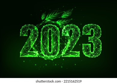 Sustianable future 2023 New Year web banner with glowing green digits and leaves on dark green background. ESG 2023 plan. Futuristic low polygonal design. Modern abstract vector illustration