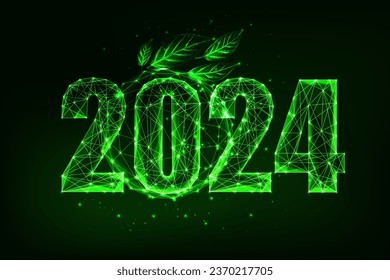 Un banner web de Año Nuevo 2024 sostenible con brillantes dígitos verdes y hojas sobre fondo verde oscuro. Plan ESG 2024. Diseño polígono futurista bajo. Ilustración vectorial abstracta moderna