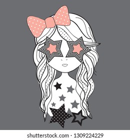 sute girl with star sunglasses vector illustration, T-shirt garphics design for kids