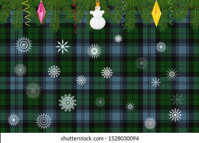 Sutherland District tartan at the base for a Christmas or New Year card or for designing a website in a Christmas style with a Scottish style