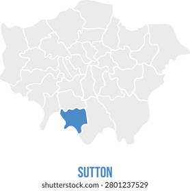 Sutton highlighted in London Borough map, simplified flat design, blue and light gray vector, labeled