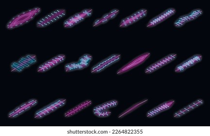 Suture icons set. Isometric set of suture vector icons neon color on black