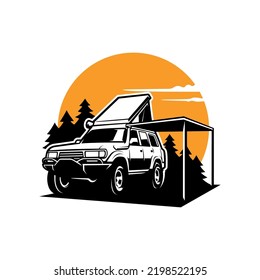 SUV adventure car with top tent and awning illustration vector svg