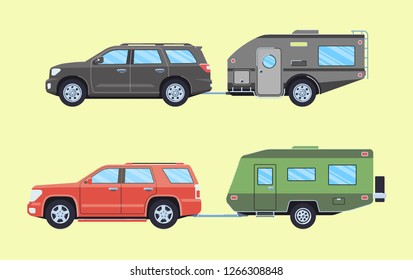 Suv with camper trailer. Offroad car with camper. Vehicle for road travelling. Flat style. Vector illustration.