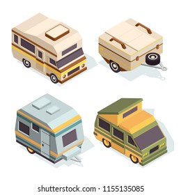 SUV and camping cars. Isometric pictures set of travel cars. Travel car isometric, camper for tourism, camp transport, vector illustration