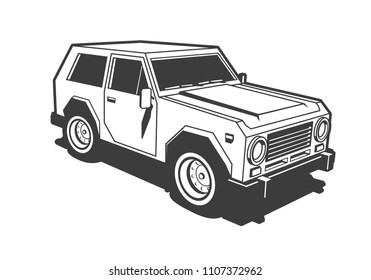 SUV car 3d black and white stamp illustration. Retro old school style.