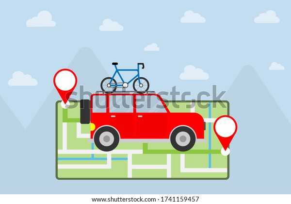 SUV car with\
bicycle drive on map pin. Travel concept. Transportations concept.\
Mountain landscape background.\
GPS.