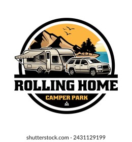 SUV car with caravan trailer illustration logo vector