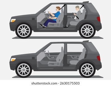 suv car cutaway side open view  with driver and passenger and empty inside