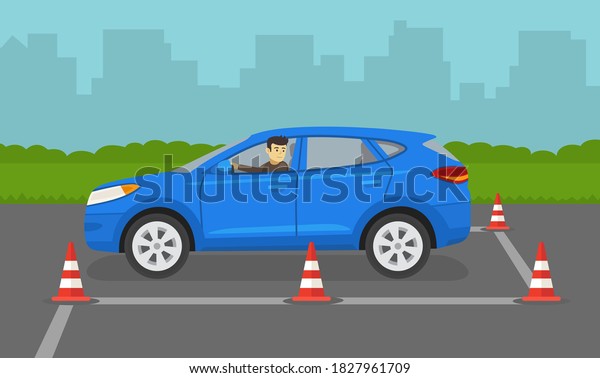 Suv car\
driver practicing a reverse park. Back into a parking lot exercise.\
Flat vector illustration\
template.