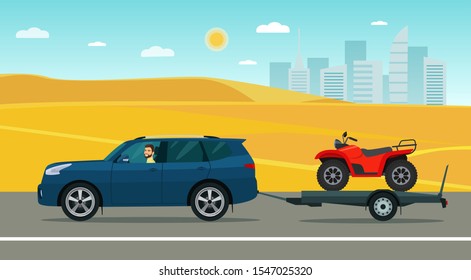 SUV Car With A Driver Tows A Trailer With An ATV In The Desert. Vector Flat Style Illustration.