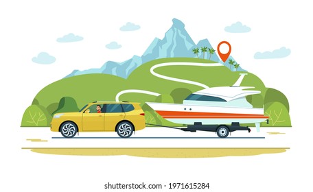 SUV car with a driver tows a trailer with a boat. Vector illustration.