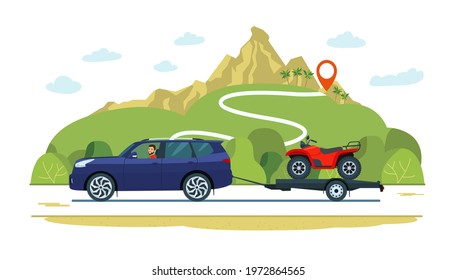 SUV Car With A Driver Tows A Trailer With A ATV. Vector Illustration.