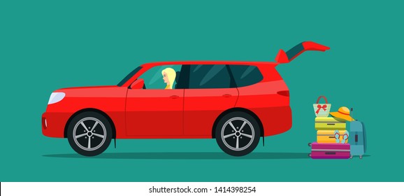 SUV car with driver woman side view. Suitcase, bags and other luggage next to the trunk of the car. Vector flat style illustration.
