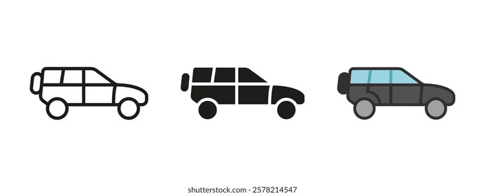 SUV car icon. Offroad hatchback vector illustration. Off-road jeep symbol. Trail automobile sign. 4x4 auto with mounted spare tie pictogram. Simple SUV vehicle transport isolated concept.