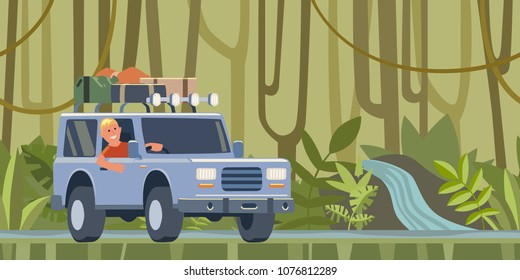 SUV car with luggage on the roof and smiling guy behind the wheel moving through the jungle forest. Off-road vehicle in the tropical forest. Vector illustration. Flat style. Horizontal.