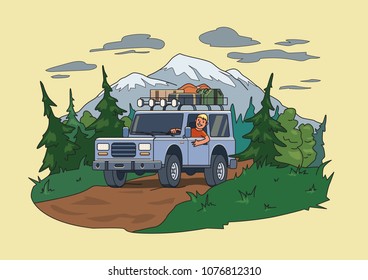 SUV car with luggage on the roof and smiling guy behind the wheel moving through the forest near the mountain. Off-road vehicle on the natural landscape. Flat vector illustration. Horizontal.