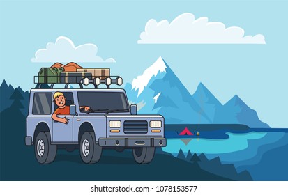 SUV car with luggage on the roof and smiling guy behind the wheel on mountain peak landscape. Off-road vehicle and camping by the mountain lake. Vector illustration. Flat style. Horizontal.