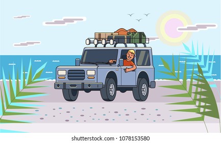 SUV car with luggage on the roof and smiling guy behind the wheel on the beach by the sea. Off-road vehicle on the sunlit seascape. Sun, sea and automobile. Flat vector illustration. Horizontal.