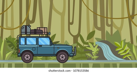 SUV car with luggage on the roof moving through the jungle forest. Off-road vehicle in the tropical forest. Vector illustration. Flat style. Horizontal.