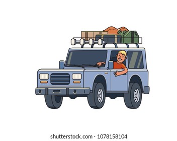 SUV car with luggage on the roof trunk and smiling guy behind the wheel. Off-road vehicle on the move. Traveler's off-road car. Isolated image on white background. Flat vector illustration.