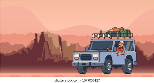 SUV car with luggage on the roof and smiling guy behind the wheel moving through the Grand Canyon. Mountain landscape and off-road vehicle. Vector illustration. Flat style. Horizontal.