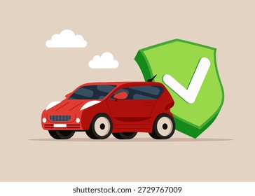 SUV-Auto neben einem grünen Schild Häkchen. Sicherheitsvorschriften für das Führen von Fahrzeugen. Halten Sie Ihr Fahrzeug fit, um häufige Ausfälle zu verhindern. Hochwertiges Auto. Großartiges Auto. Flache Vektorgrafik