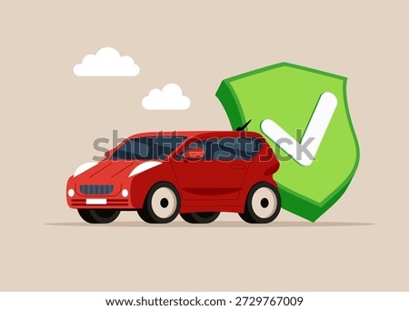 SUV car next to a green shield check mark. Safety driving rules. Keep your vehicle fit to prevent frequent breakdowns. High quality car. Great car. Flat vector illustration